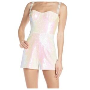 Mac Duggal Iridescent Sequin Romper Rhinestone Straps White Pink Size 4